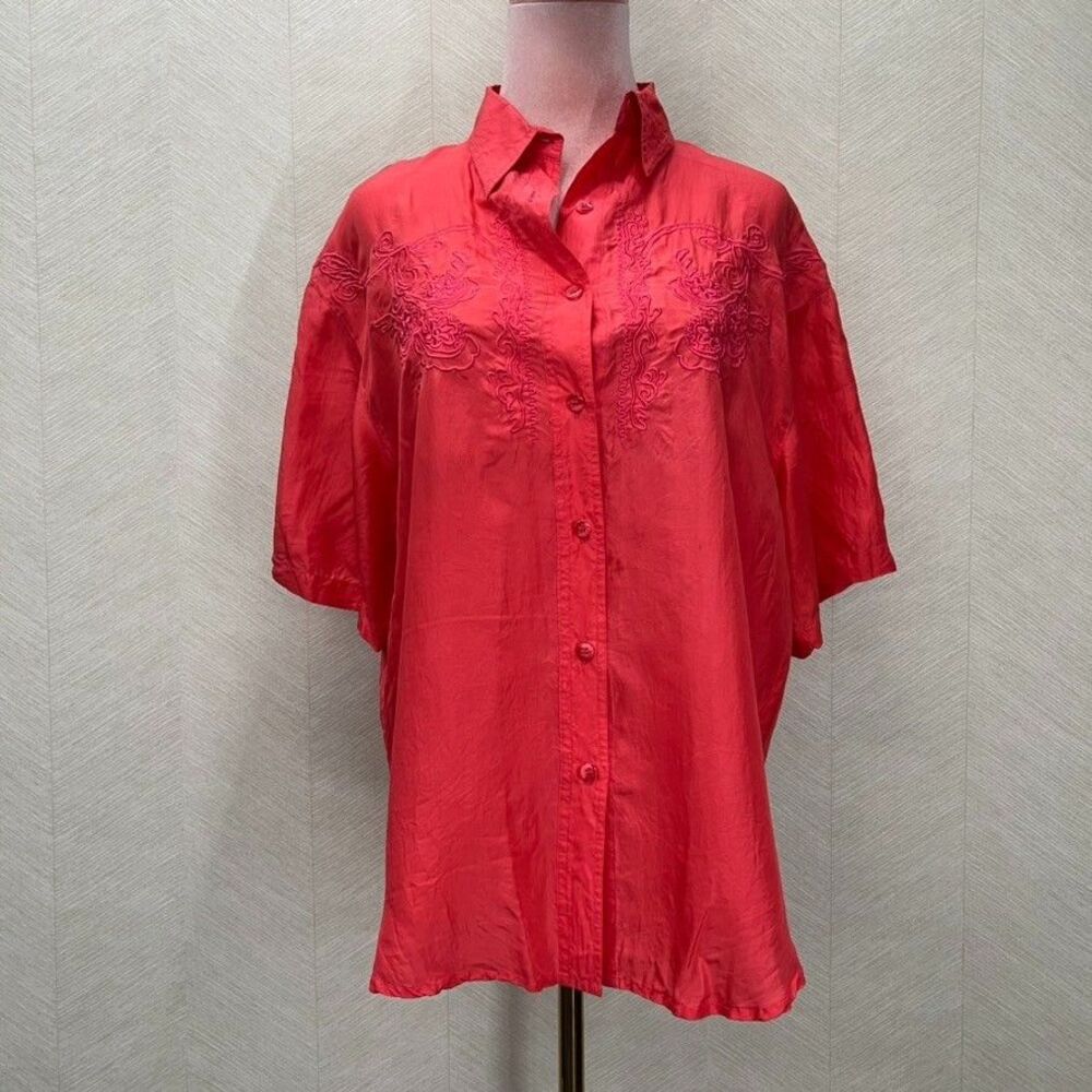 Marnie West Silk Embroidered Short Sleeve Red Button Up Shirt Womens Size M